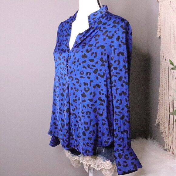 David Lerner | Satin Leopard Print Long Sleeve Top Small - Picture 1 of 7